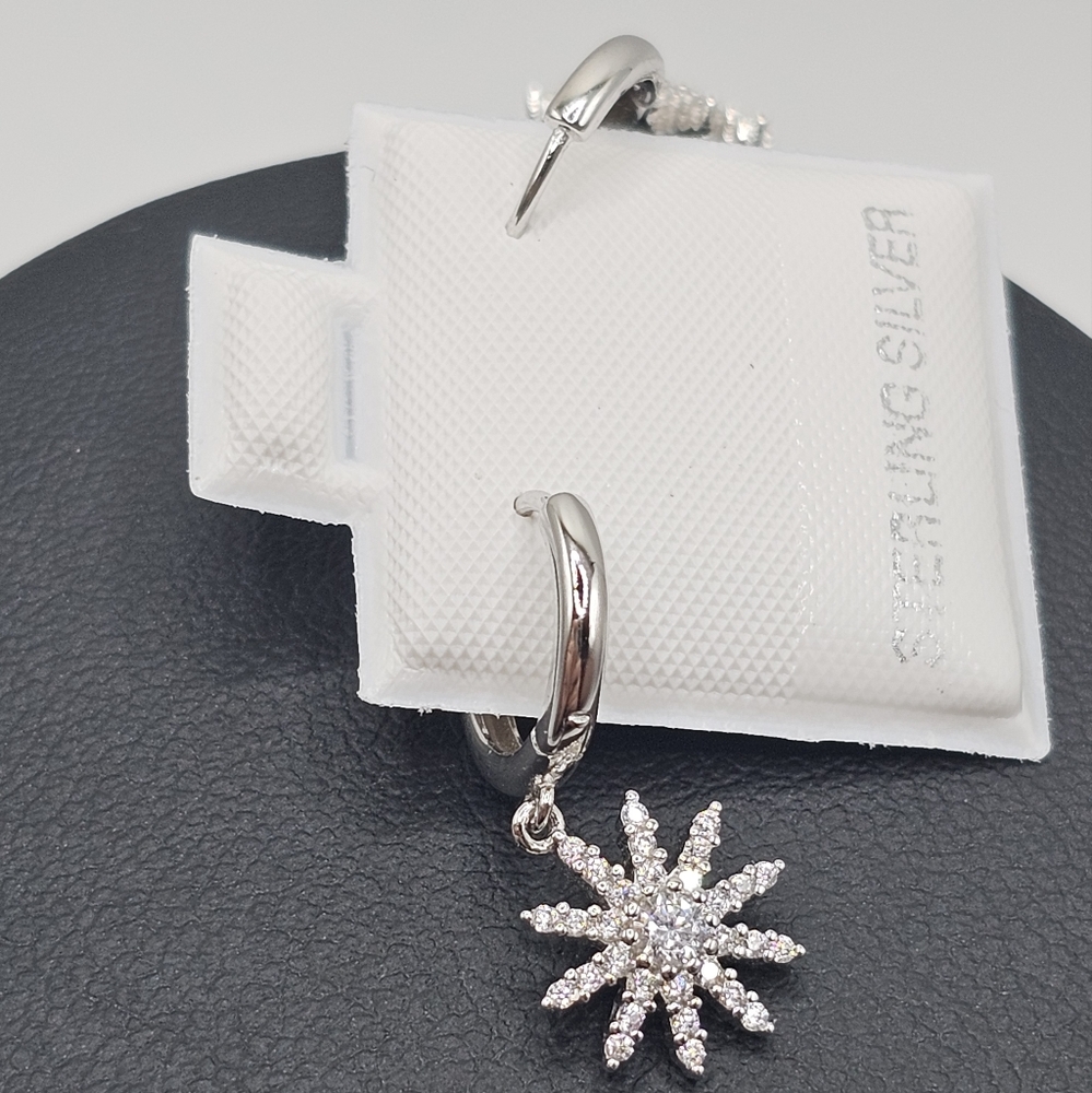Sterling Silver 925 Rhodium Plated Sun Clear CZ Huggies Hoop Earrings - Picture 5 of 5